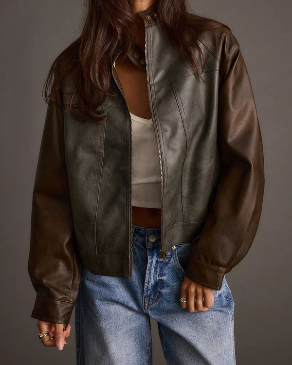 Women's Color - Block Faux Leather Jacket with Stand Collar