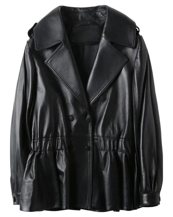 Women's Double-Breasted Black Faux Leather Peplum Jacket