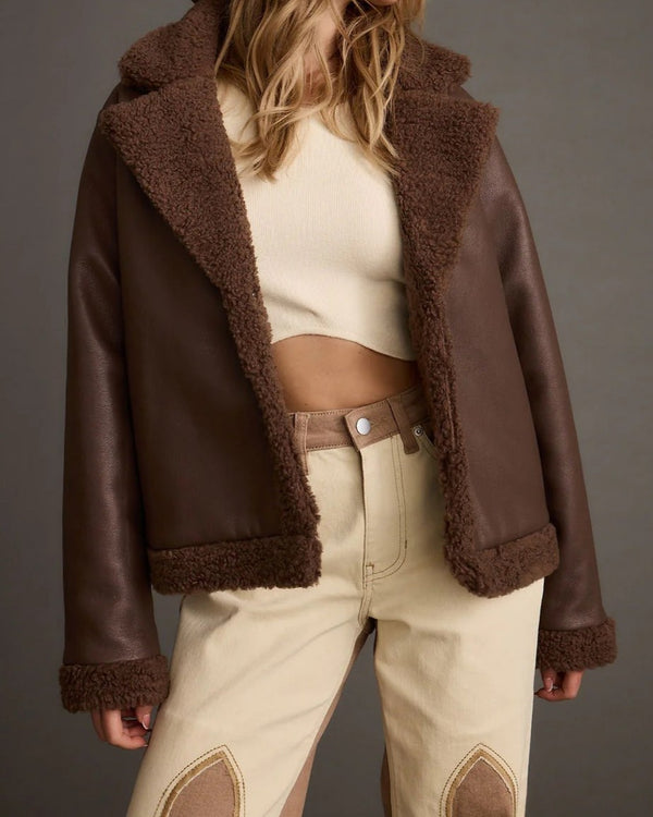 Women's Brown Faux Leather Shearling Collar Jacket